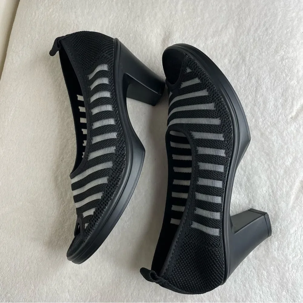 Bernie Mev Peep Toe Heels Stripe Open Toe Shoes Black Gray Size 38